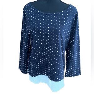 Per Se navy blue polka dot top with ivory cuffs & attached shirttail bottom sz L